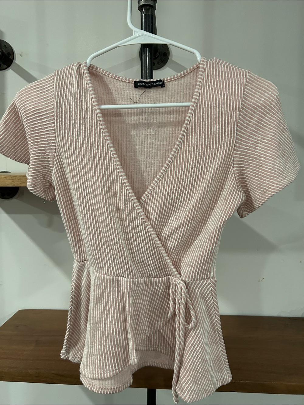 Caution To The Wind Blush Pink Ribbed Wrap Peplum Top